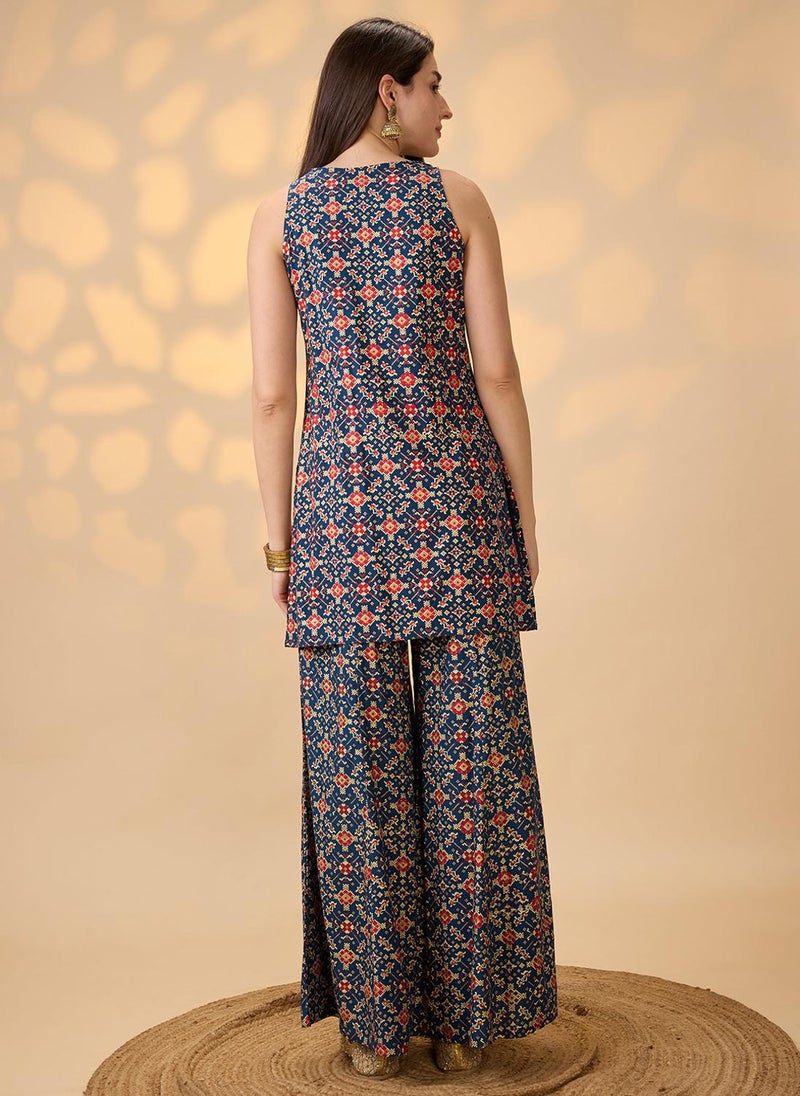 Globus Women Navy Blue Embroidered & Mirror Work Yoke Ethnic Print Kurti With Palazzos Festive Co-Ord Set - Image 4